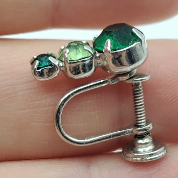 Vintage Jay Flex Sterling Earrings Green Rhinestones Screw Backs Fashion Jewelry - Picture 7 of 11